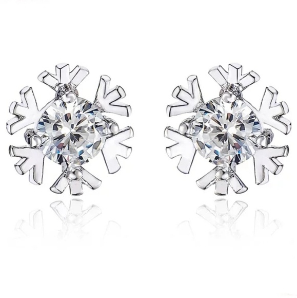 925 Sterling Silver CZ Snowflake Studs Earrings - Picture 2 of 7